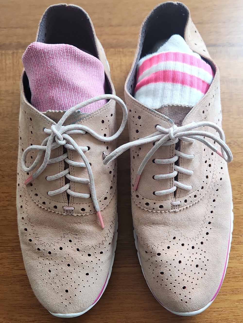 Cole Haan Women's Suede Oxford in Beige with Pink Accents
